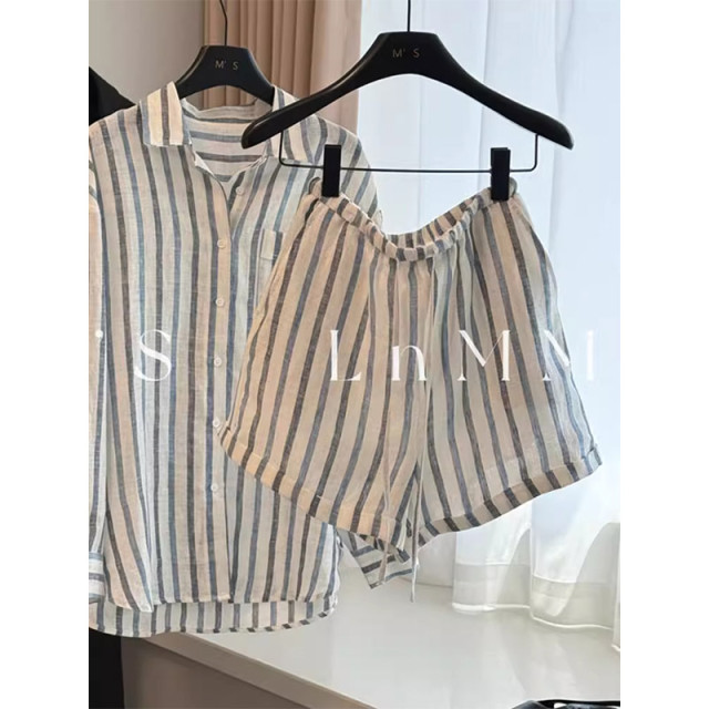 【預購】老錢風復古條紋亞麻襯衫套裝