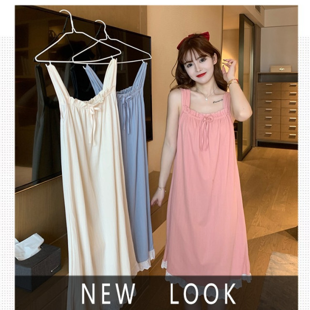 【預購】公主風吊帶睡裙女夏花邊中長款