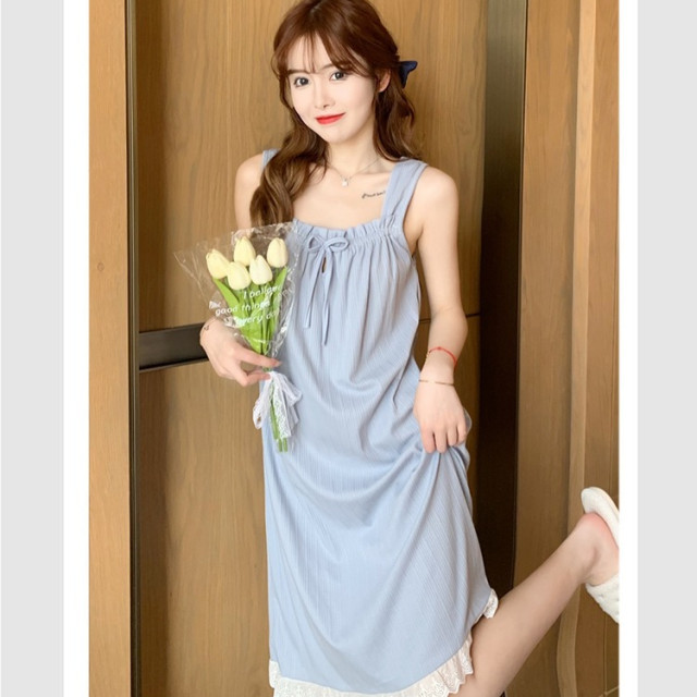 【預購】公主風吊帶睡裙女夏花邊中長款