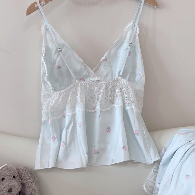 【預購】夏季少女純欲吊帶短褲家居服-藍玫瑰