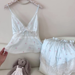 【預購】夏季少女純欲吊帶短褲家居服-藍玫瑰