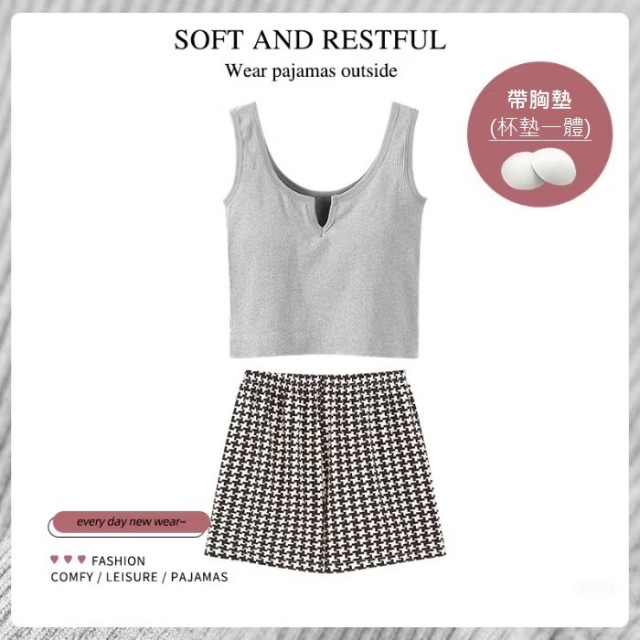 【預購】小碎花帶胸墊無袖短褲家居服(5色)
