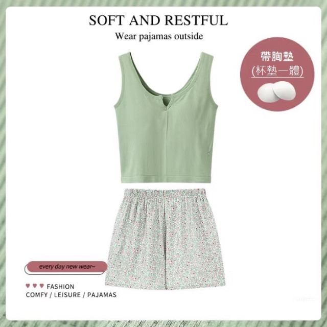 【預購】小碎花帶胸墊無袖短褲家居服(5色)