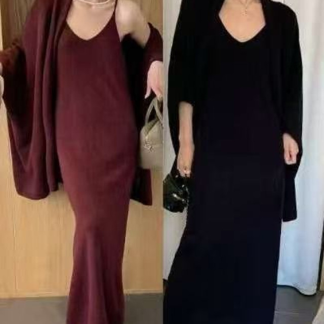 【預購】法式慵懶風針織披肩吊帶裙兩件套