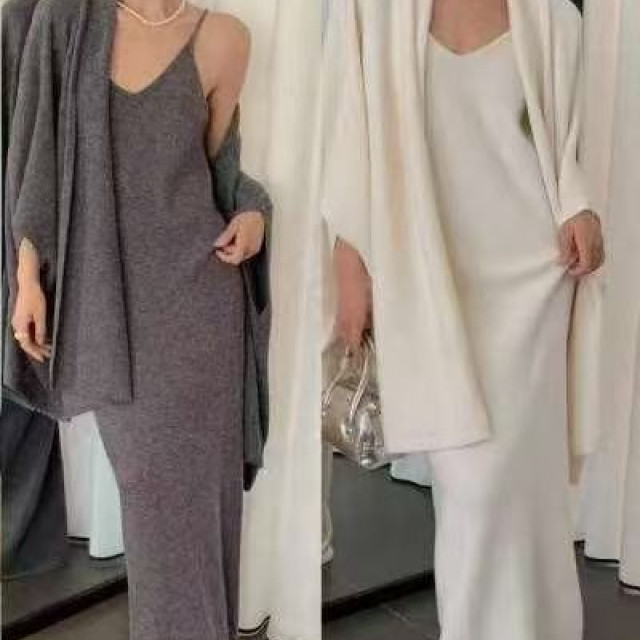 【預購】法式慵懶風針織披肩吊帶裙兩件套