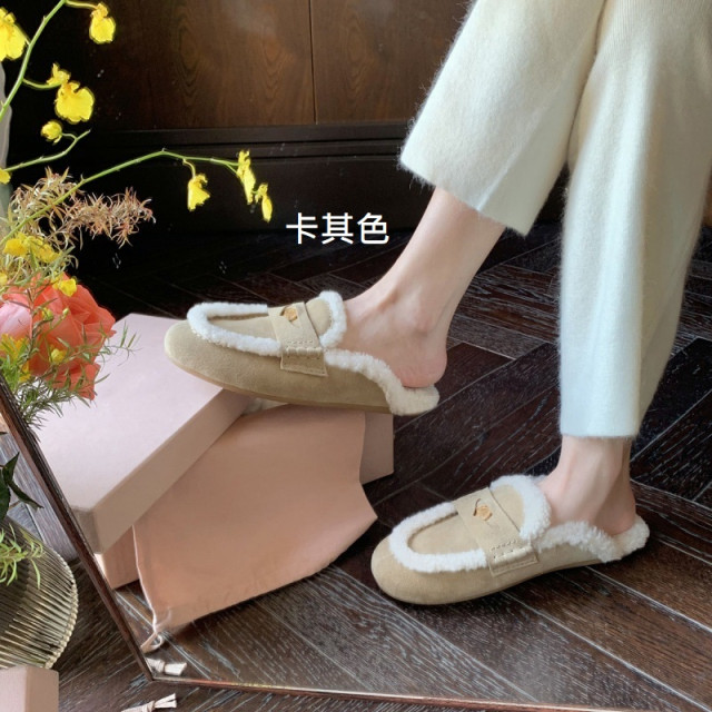 【預購】真皮包頭小金幣保暖毛毛拖鞋(2色)