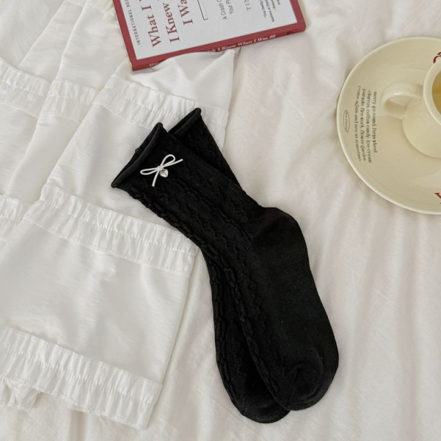 【預購】芭蕾風純色日系蝴蝶結中筒襪2入/組