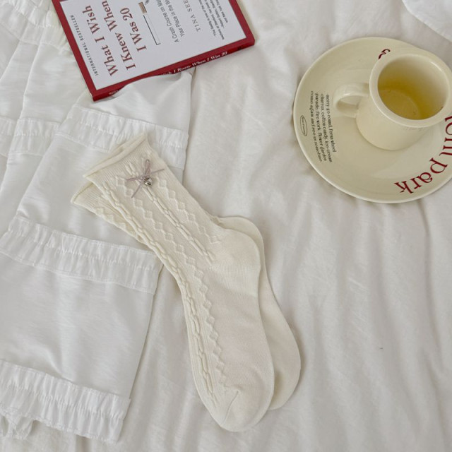 【預購】芭蕾風純色日系蝴蝶結中筒襪2入/組