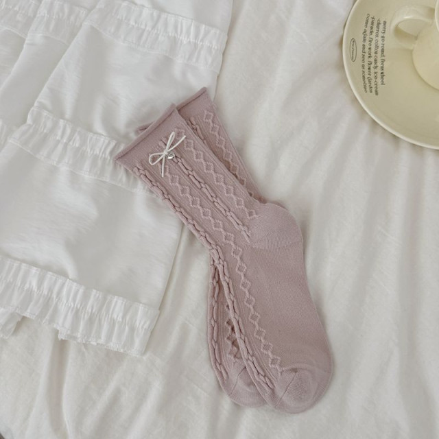 【預購】芭蕾風純色日系蝴蝶結中筒襪2入/組