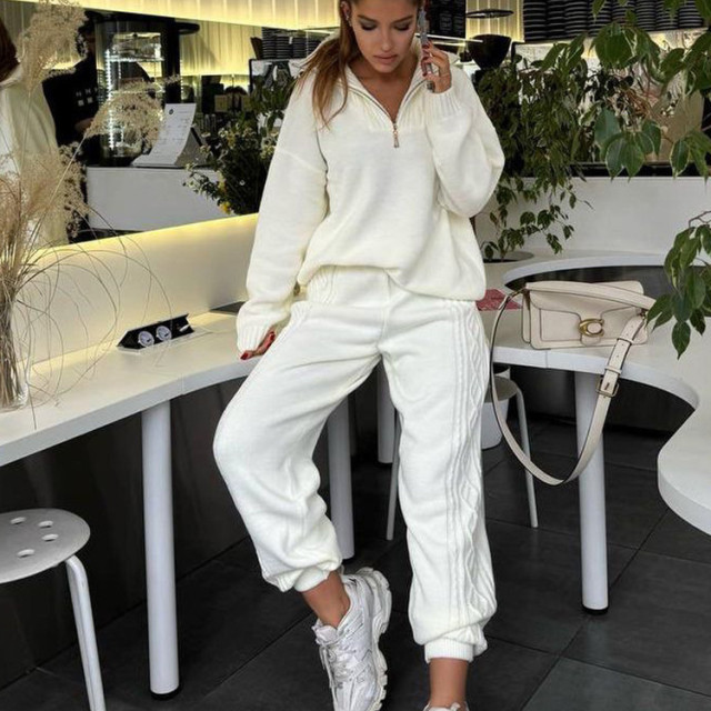 【預購】長袖翻領針織衛衣縮口長褲套裝(2色)