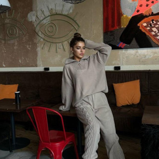 【預購】長袖翻領針織衛衣縮口長褲套裝(2色)