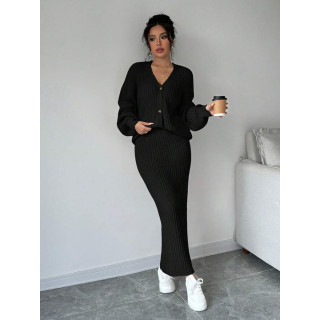 【預購】純色V領針織衫+半身裙套裝(3色)