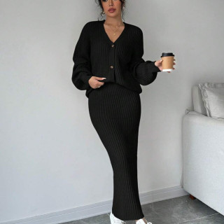 【預購】純色V領針織衫+半身裙套裝(3色)