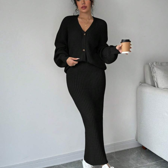 【預購】純色V領針織衫+半身裙套裝(3色)