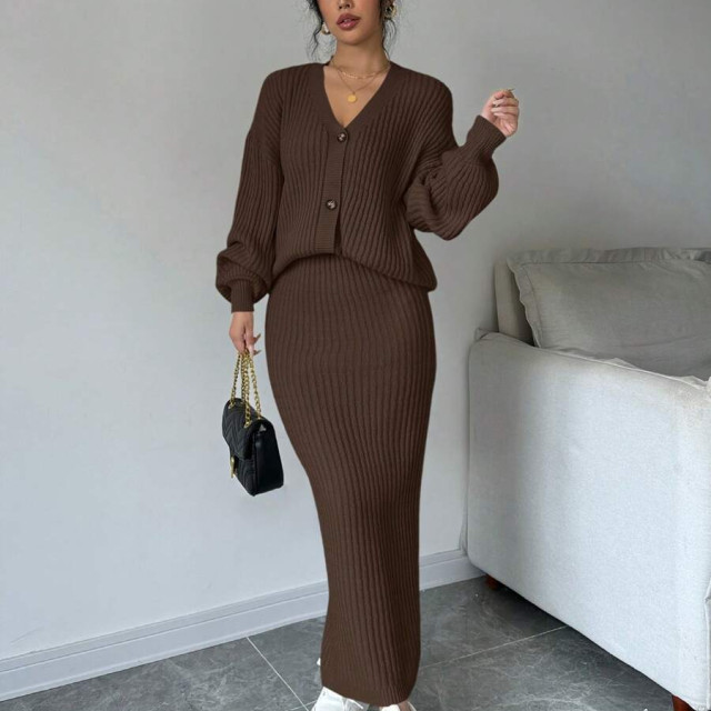 【預購】純色V領針織衫+半身裙套裝(3色)