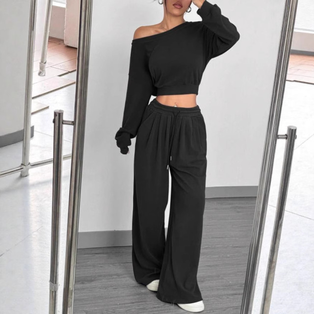 【預購】時尚短版上衣修身休閒長褲套裝(3色)