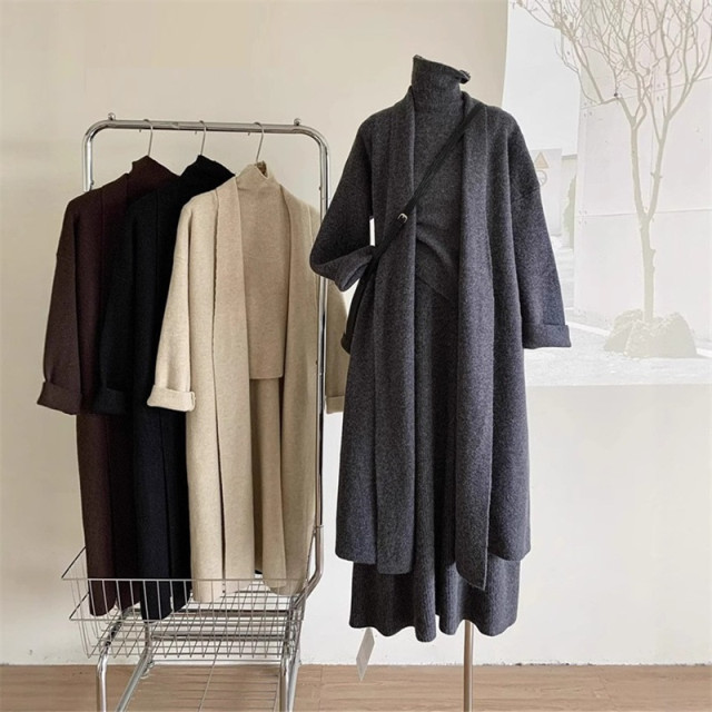 【預購】新款顯瘦寬鬆毛衣+罩衫+裙三件套