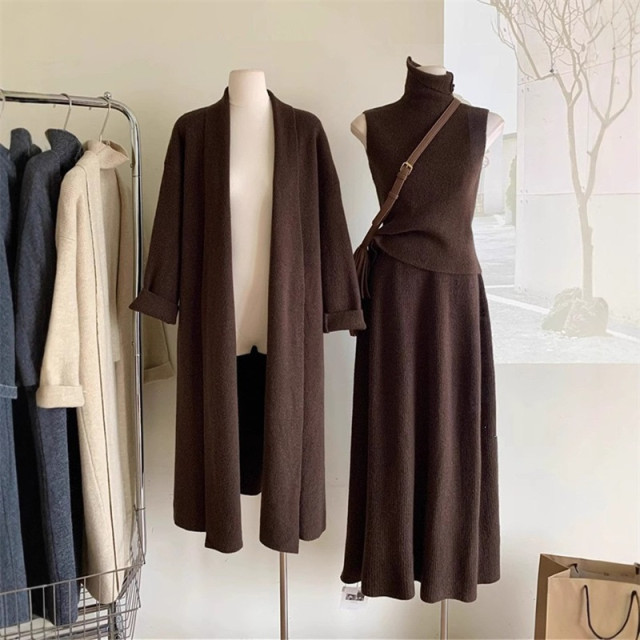 【預購】新款顯瘦寬鬆毛衣+罩衫+裙三件套