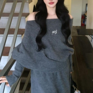 【預購】韓國慵懶風蝙蝠袖露肩衣+裙套裝