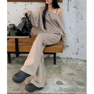 【預購】卡其色衛衣微喇叭褲休閒運動套裝
