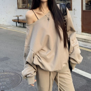 【預購】卡其色衛衣微喇叭褲休閒運動套裝