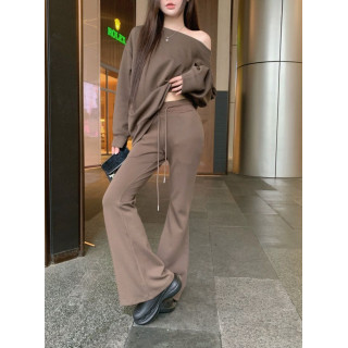 【預購】慵懶露肩衛衣高腰微喇叭長褲套裝(2色)