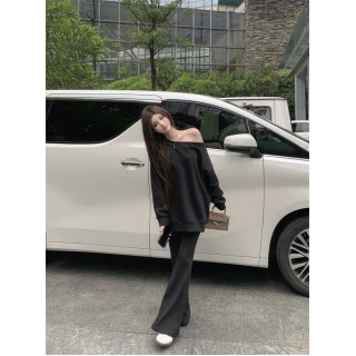 【預購】慵懶露肩衛衣高腰微喇叭長褲套裝(2色)