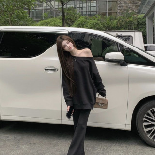 【預購】慵懶露肩衛衣高腰微喇叭長褲套裝(2色)