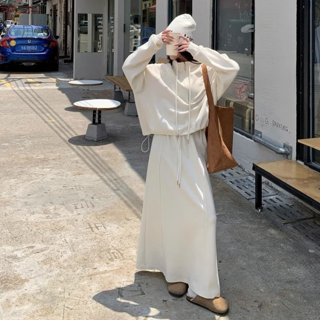 【預購】寬鬆休閒衛衣高腰慵懶半身裙(2色)