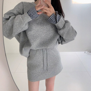 【預購】韓系慵懶圓領拼接袖子衛衣+A字半身裙