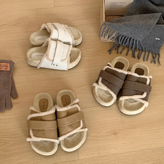 【預購】韓版復古厚底毛拖鞋(3色)