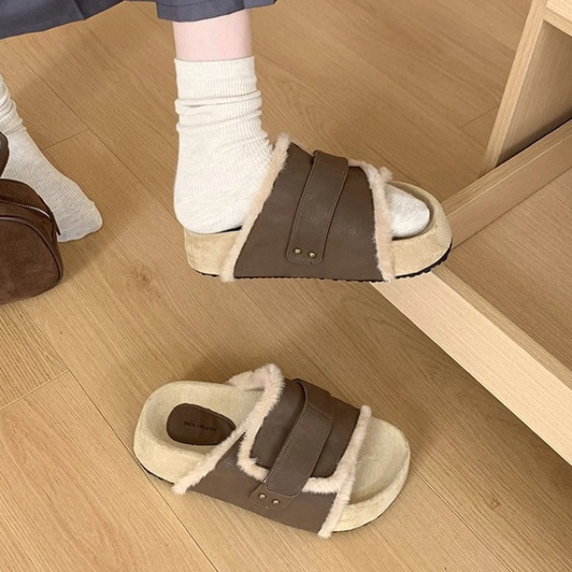 【預購】韓版復古厚底毛拖鞋(3色)