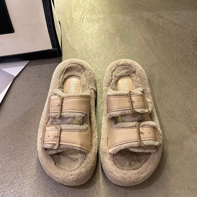 【預購】冬季時尚皮扣毛絨棉拖(4色)