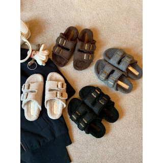 【預購】純色毛尼勃肯雙扣帶懶人拖鞋