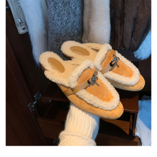 【預購】粗跟鎖扣毛毛穆勒半拖鞋