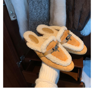 【預購】粗跟鎖扣毛毛穆勒半拖鞋