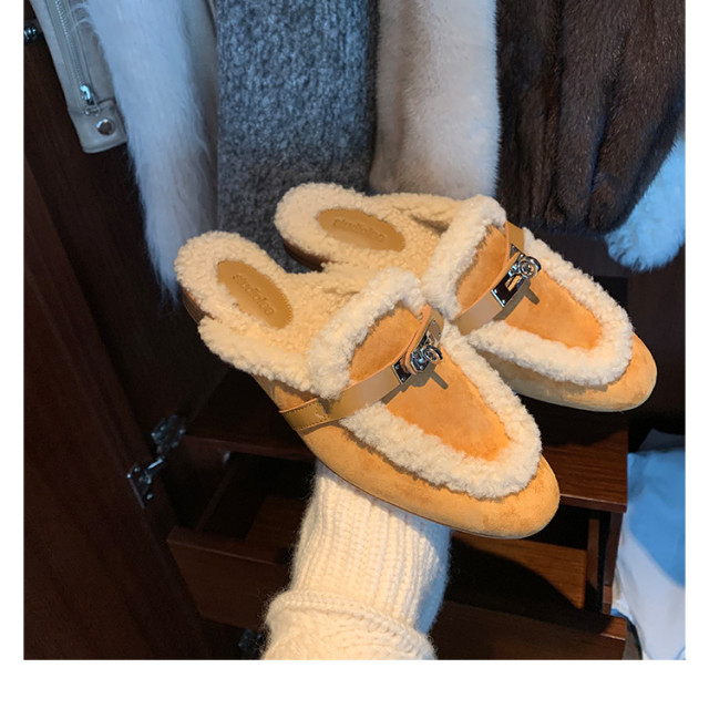 【預購】粗跟鎖扣毛毛穆勒半拖鞋