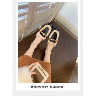 【預購】粗跟鎖扣毛毛穆勒半拖鞋