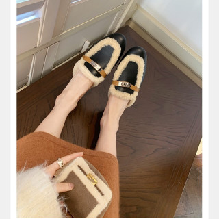 【預購】粗跟鎖扣毛毛穆勒半拖鞋