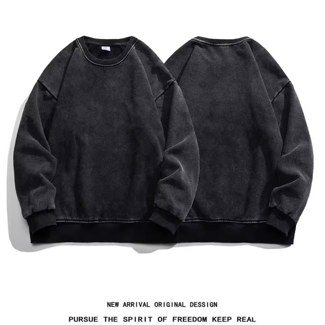 【預購】圓領復古純棉加絨水洗衛衣