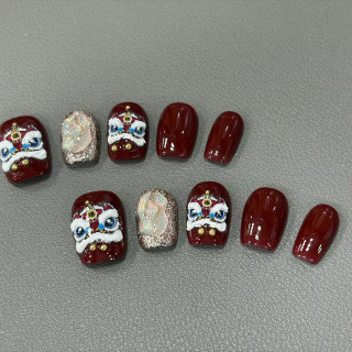 【預購】BK1040紅醒獅短方- 手工穿戴甲