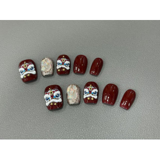 【預購】BK1040紅醒獅短方- 手工穿戴甲