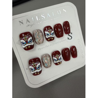 【預購】BK1040紅醒獅短方- 手工穿戴甲