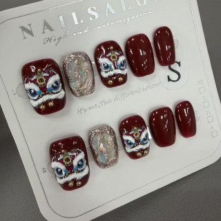 【預購】BK1040紅醒獅短方- 手工穿戴甲