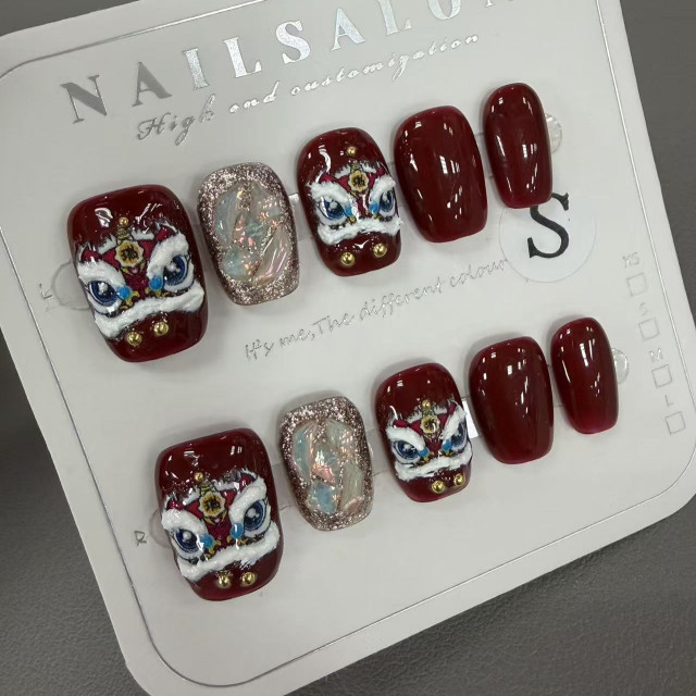 【預購】BK1040紅醒獅短方- 手工穿戴甲