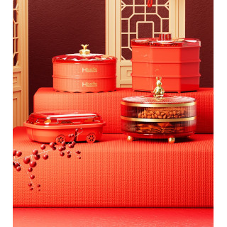 【預購】新年紅色帶蓋乾果盒(雙層)