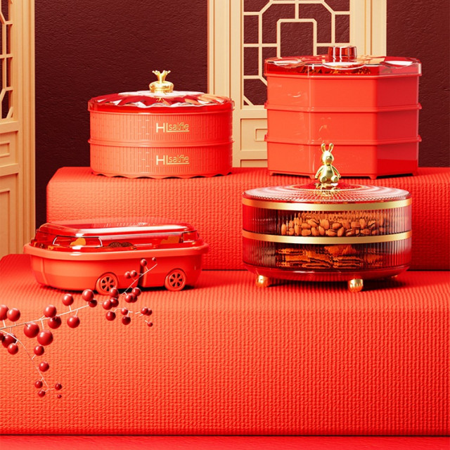 【預購】新年紅色帶蓋乾果盒(雙層)